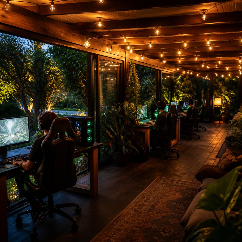 Row of gaming stations lined up beside tall windows facing the garden