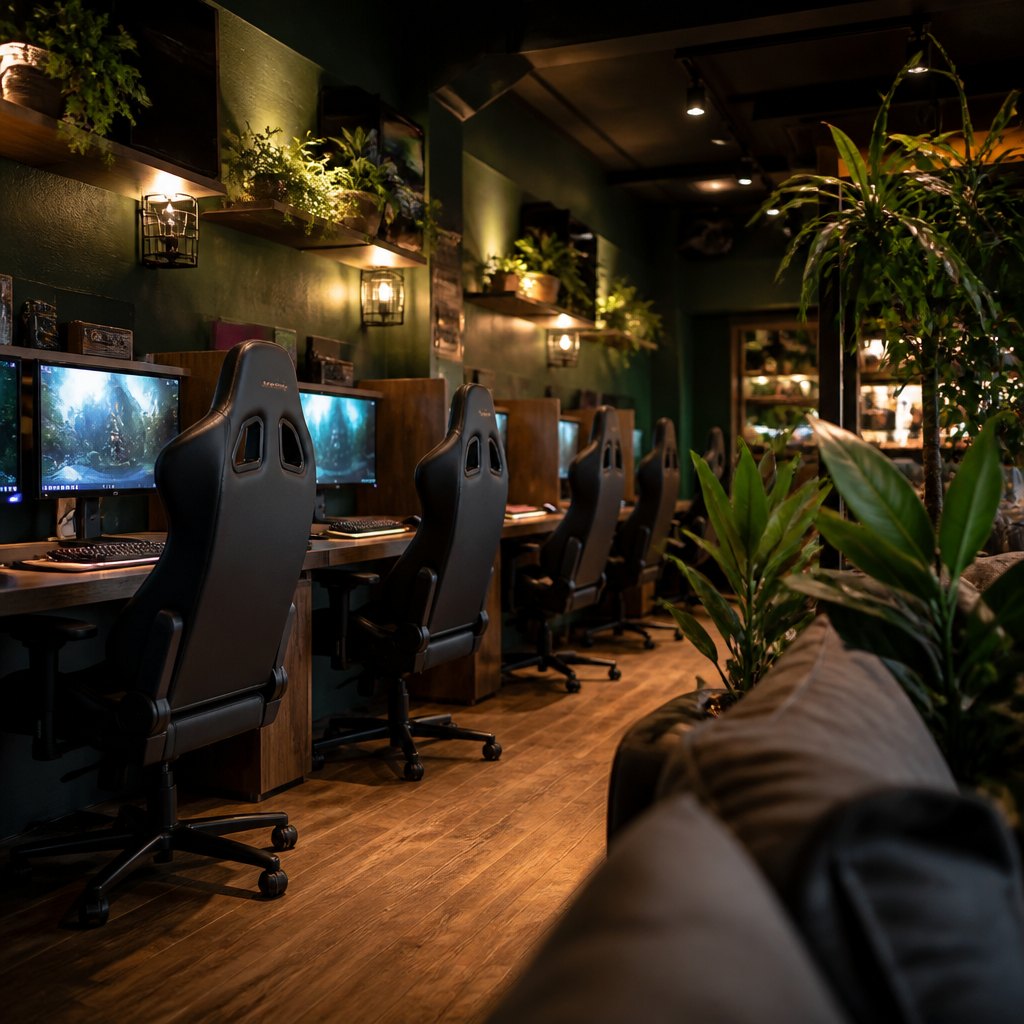 The gaming hall at night with rows of lit monitors glowing in the dark