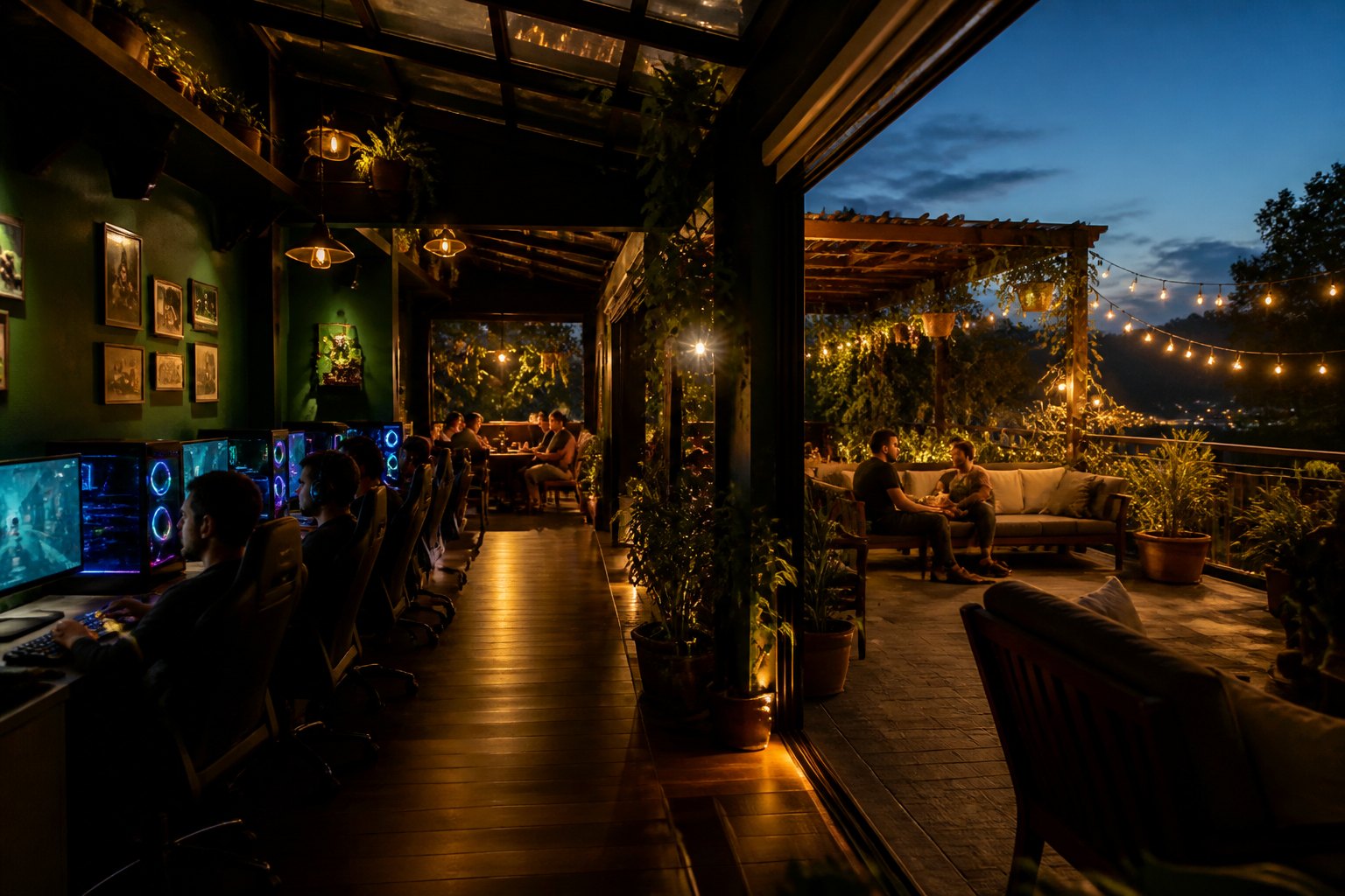 Warm evening view of the club with lit stations and the garden veranda beyond